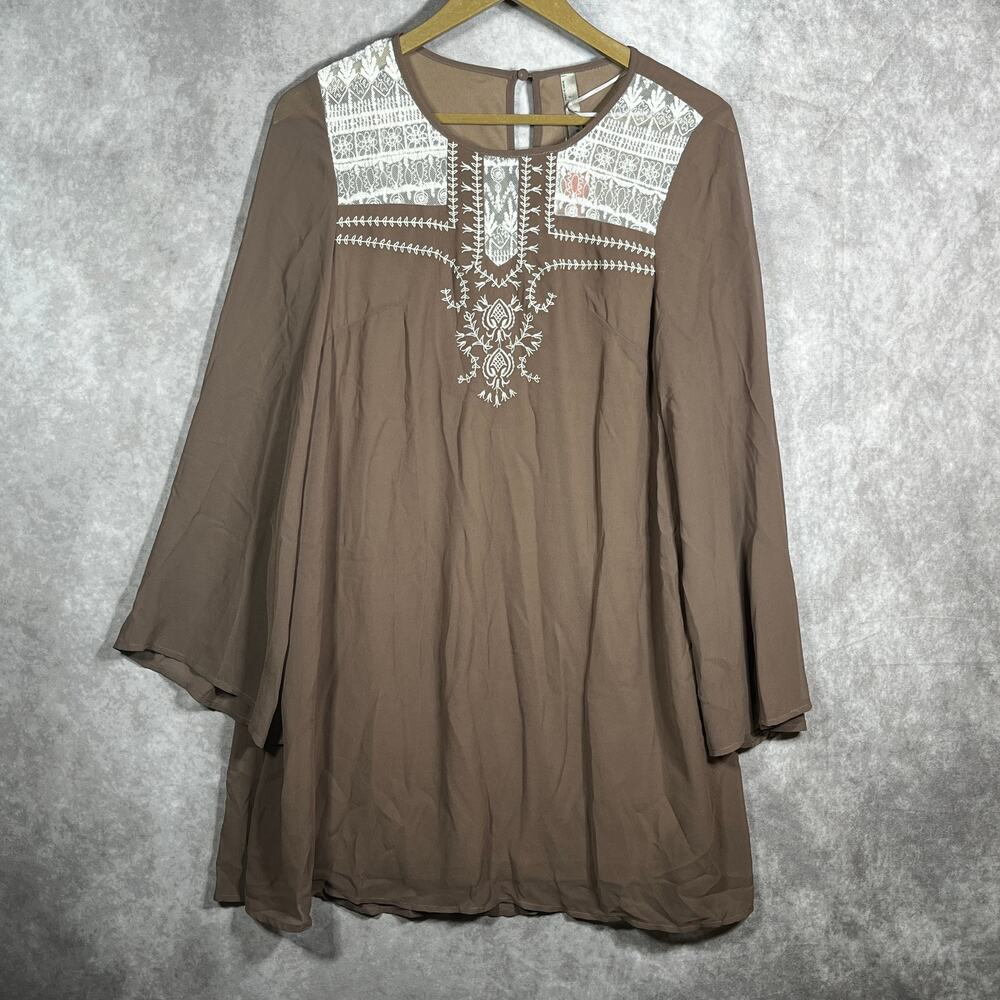 Entro Tunic Top Womens Size Small Brown White Lace Embroidered Boho Festival NEW